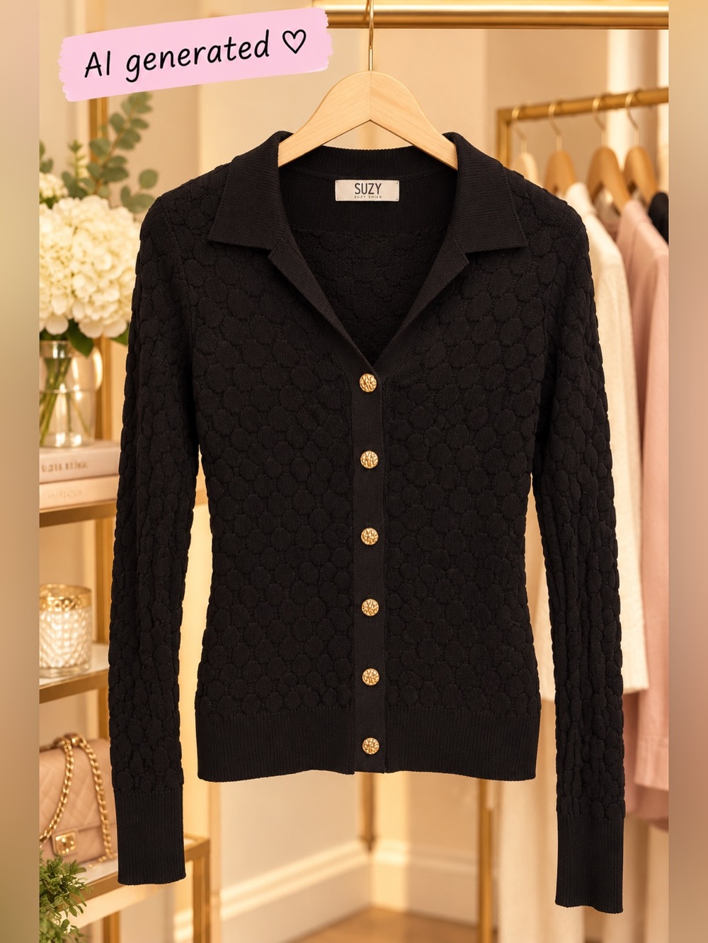 Suzy Shier Black Textured Knit Cardigan | Gold Buttons | Size S/P
